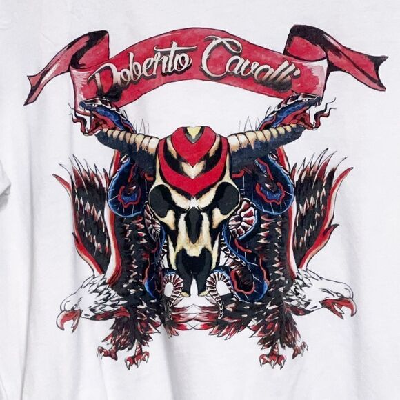 Roberto Cavalli Men's White Graphic Print Crewneck Cotton T-shirt, Size M - Picture 5 of 8